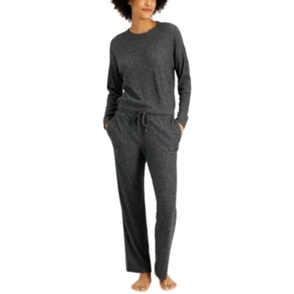 Alfani Ribbed Wide Leg Pajama Set - Black Heather - Size L